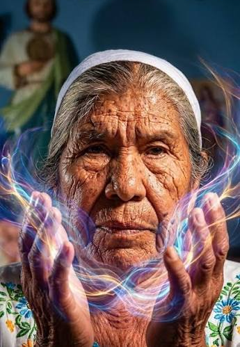 Doña Petra con manos sanadoras y luz espiritual serena